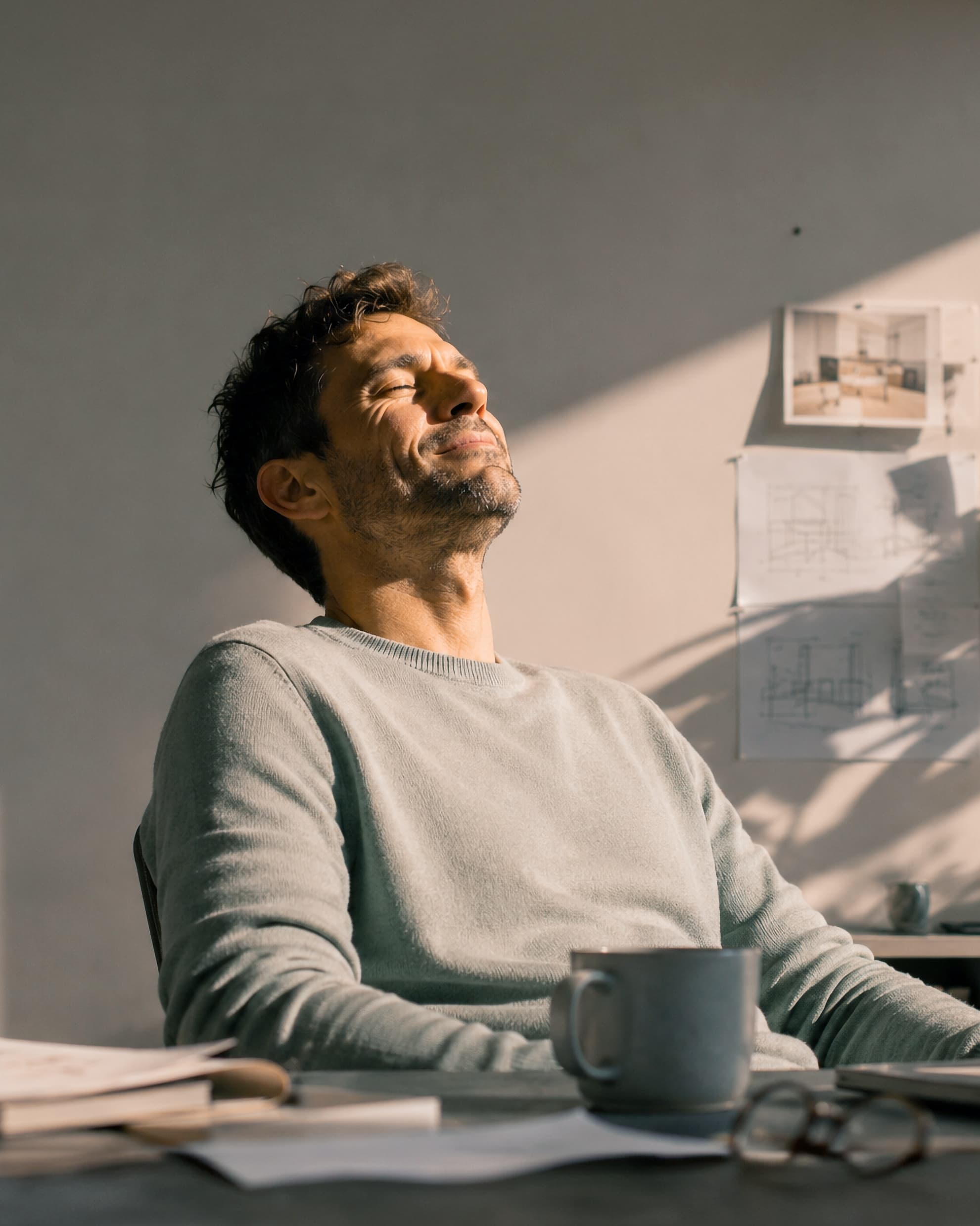 Ein Mann sitzt entspannt an seinem Schreibtisch im Büro, lehnt sich zurück und geniesst einen Moment im Sonnenlicht.