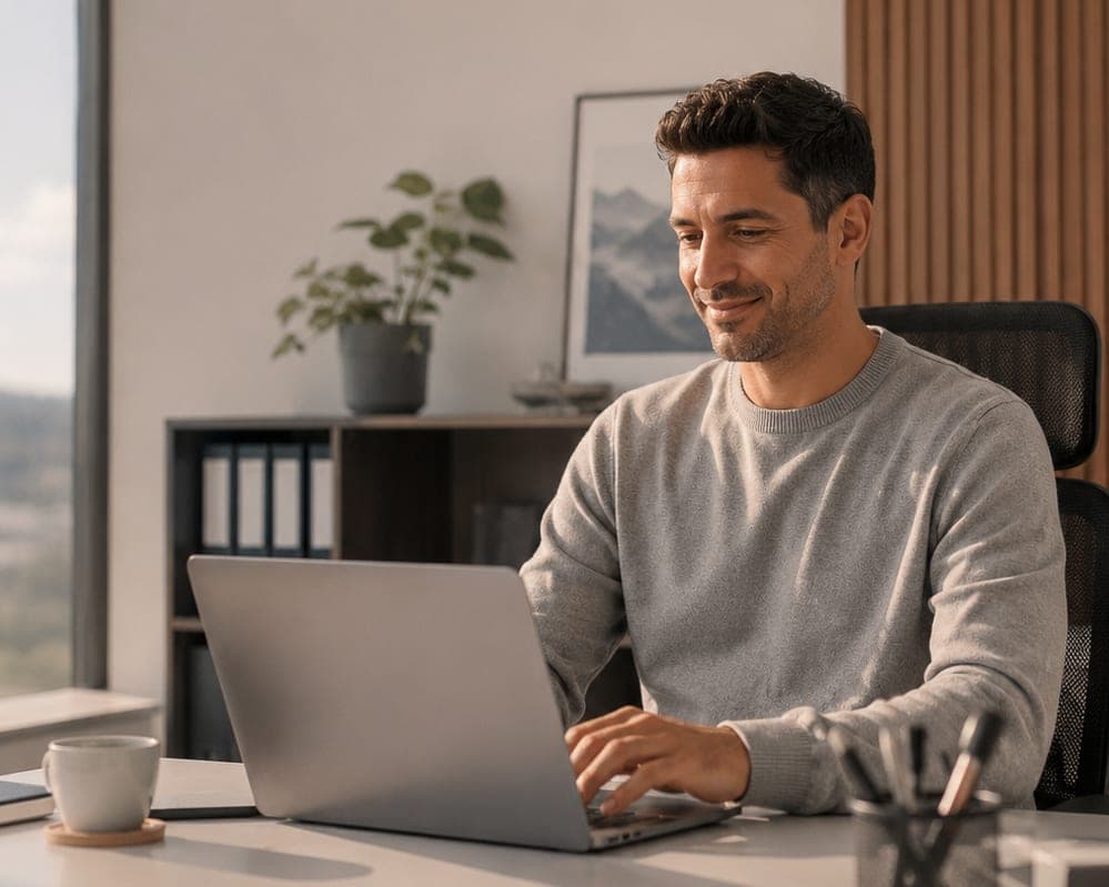 Ein Mann sitzt lächelnd an seinem Schreibtisch im Büro und arbeitet an seinem Laptop.
